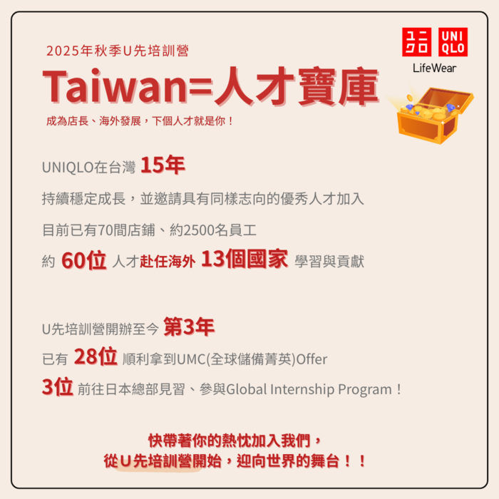 🔥招募倒數．申請只到10/3🔥2025 UNIQLO 全球儲備菁英 秋季U先培訓營圖片