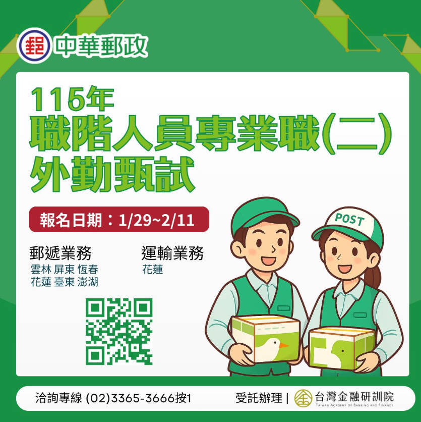 中華郵政股份有限公司辦理115年職階人員專業職(二)外勤甄試圖片